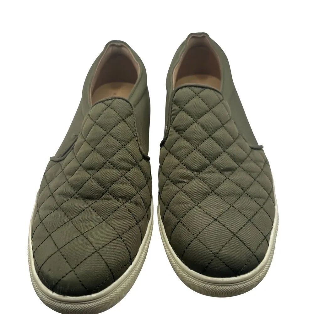 A New Tan Olive Quilted Slip-On Loafers size 9.5